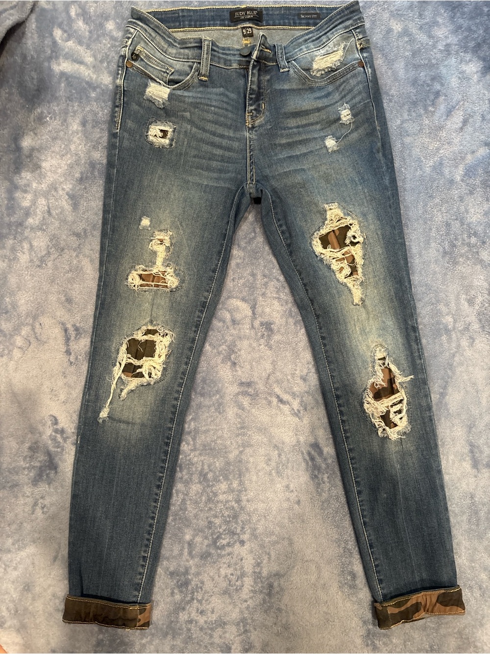 Judy Blue Distressed Ankle Skinny Jeans - Medium Blue with Camo Cuff